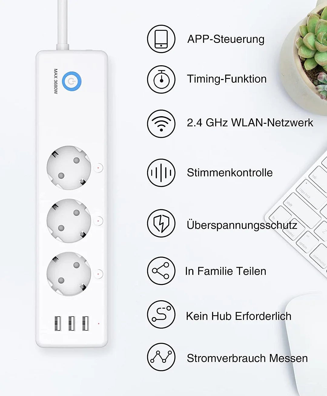 WLAN 3-fach Steckdosenleiste mit 3x USB,16A,1.5m GHomeSmart® P1-1 - GHome Smart Official